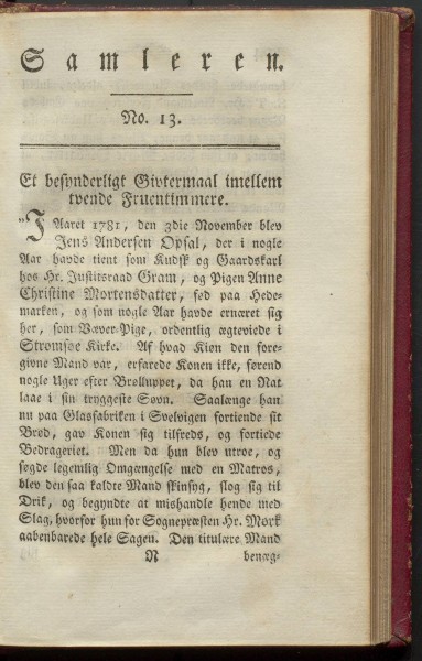 Faksimile av artikkelen "Et besynderligt Givtermaal imellem tvende fruentimmere" i tidsskriftet Samleren: et ugesskrivt, første bind, 1887.