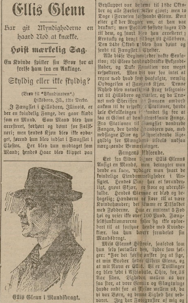 "Høist mærkelig sag". Ellis Glenn omtalt i Skandinaven, norskspråklig avis i USA, 15.12.1899. Kilde: Nasjonalbiblioteket.