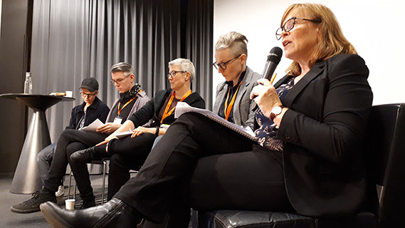 Panel discussion on queer archives and history 2019. From the right: Tone Hellesund (Skeivt arkiv), Sara Edenheim (historian, did not take a beer with the rest of us), Rita Paqvalén (Friends of Queer History), Olov Kriström (The Archives and Library of the Queer Movement), Anna Linder (Swedish Archive for Queer Moving Images). Out of picture: the moderator of the panel discussion and author of this blog text.