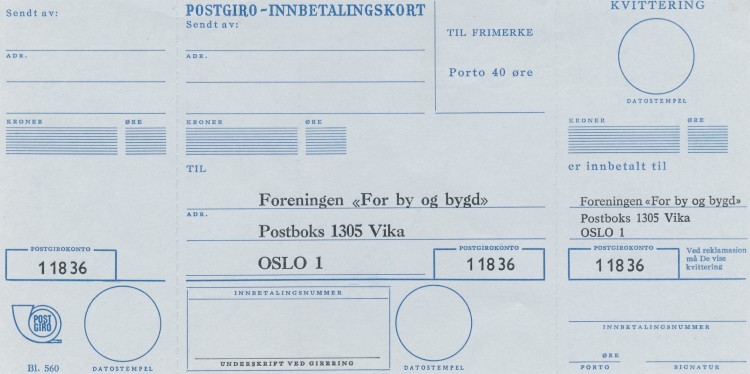 Innbetalingsblankett for Det norske forbundet av 1948, med dekknavnet "Foreningen for by og bygd".