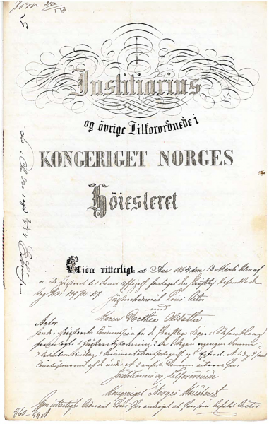 Første side av Høyesterettssaken fra 1854, "Christianiasaken"