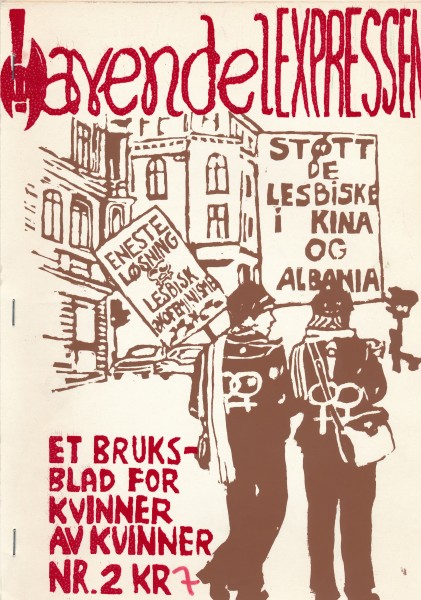 Forsiden av Lavendelexpressen nr 2, med illustrasjon med parolene "Støt de lesbiske i Kina og Albania" og "Eneste løsning: Lesbisk økofeminisme"