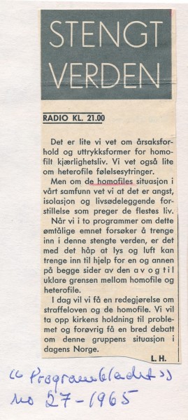 Programbladets forhåndsomtale av Homofili og menneskeverd, skrevet av programleder Liv Haavik.