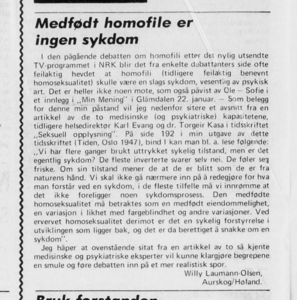 Willy Laumann-Olsens innlegg om homofili, faksimile frå Glåmdalen 27. januar 1973. Willy Laumann-Olsen om homofili Glåmdalen