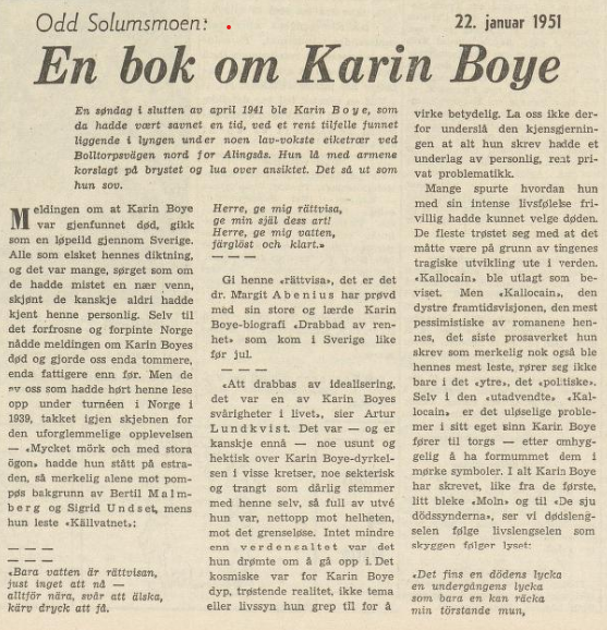 Omtale av Karin Boye-biografien i Arbeiderbladet, 22.01.1951