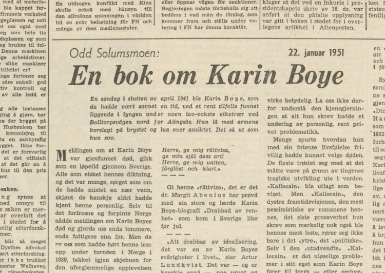 Faksimile av Odd Solumsmoens essay om Karin Boye i Arbeiderbladet 22. januar 1951.