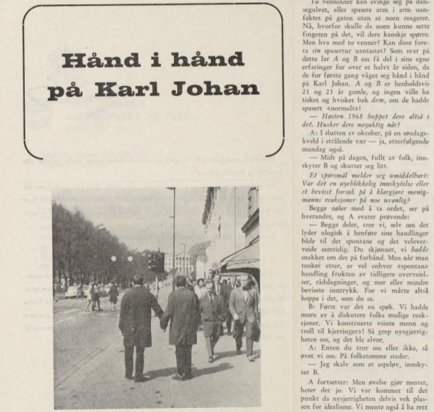 Hånd i hånd på Karl Johan. Artikkelen i OSS Norsk homofilt tidsskrift i 1969