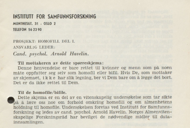 Forsiden av spørreskjemaet som ble sendt ut til homofile og bifile. Forsiden av spørreskjemaet som ble sendt ut til homofile og bifile.