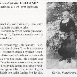 Gurine Helgesen omtalt i "Slekten Helgesen i Egersund" av Leif Eskedal.