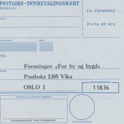 Innbetalingsblankett med Forbundets dekknavn foreningen "For by og bygd". Foto: Skeivt arkiv