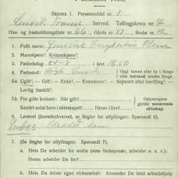 Jensine Ingbertine Olsen i Folketeljinga 1920. Kjelde: Statsarkivet i Tromsø / Digitalarkivet. 